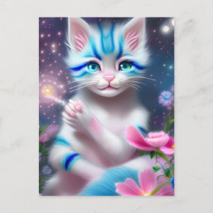Cartão Postal Gato de gato branco Kawaii listrado, rosa e azul