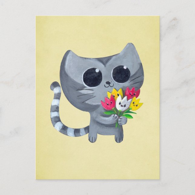 Cartão Postal Gato de Gato e flores (Frente)