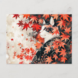 Cartão Postal Gato de Geisha Preto e Branco sob Folhas de Mapeam