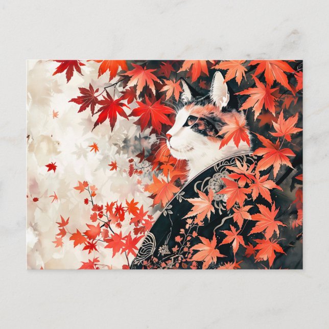 Cartão Postal Gato de Geisha Preto e Branco sob Folhas de Mapeam (Frente)