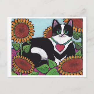 Cartão Postal Gato de girassol