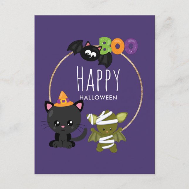Cartão Postal Gato de Halloween, Bat e Mummy Boo (Frente)