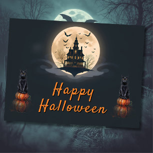 Cartão Postal Gato de Halloween da Mansão ao Luar