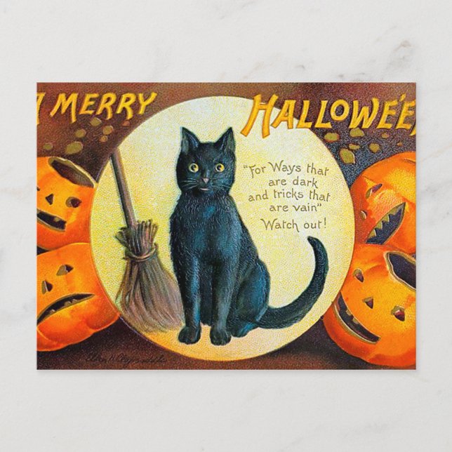 Cartão Postal Gato de Halloween de Feliz de outono (Frente)