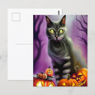 Cartão Postal Gato de Halloween Negro e Abóboras Esculpidas