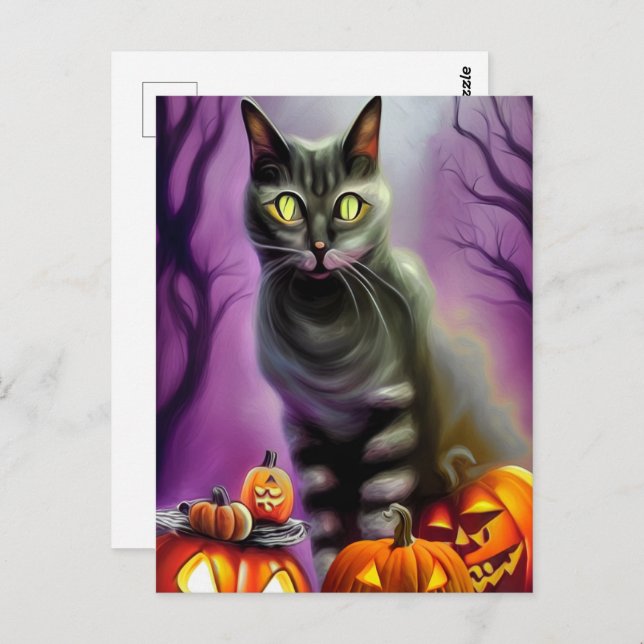 Cartão Postal Gato de Halloween Negro e Abóboras Esculpidas (Frente/Verso)