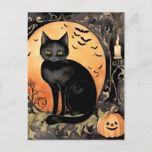 Cartão Postal Gato de Halloween Preto de Aquarela