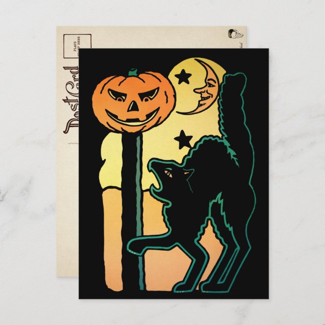 Cartão Postal Gato de Halloween Retro (Frente/Verso)