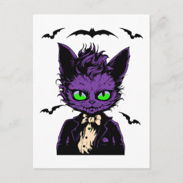 Cartão Postal Gato de Halloween Roxo com Bats