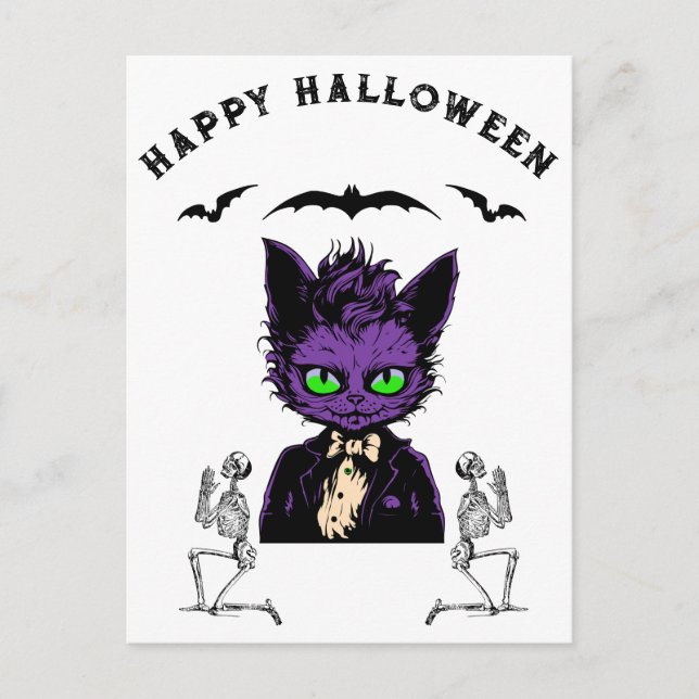 Cartão Postal Gato de Halloween Roxo com Bats e Skeletons (Frente)