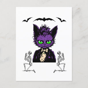 Cartão Postal Gato de Halloween Roxo com Bats e Skeletons