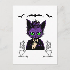Cartão Postal Gato de Halloween Roxo com Bats e Skeletons