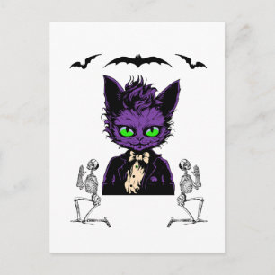 Cartão Postal Gato de Halloween Roxo com Morcegos e Esqueletos