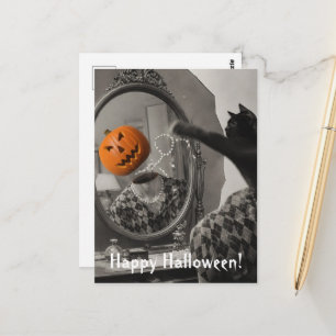 Cartão Postal Gato de Halloween Vintage Derruba a Cabeça de Jack