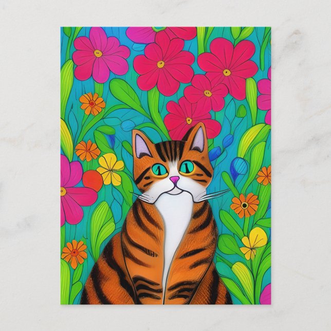 Cartão Postal Gato de Laranja Esbranquiçado com Flores Rosa (Frente)