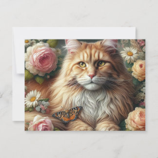 Cartão Postal Gato de Maine Coon Vitoriano com Rosas Rosa