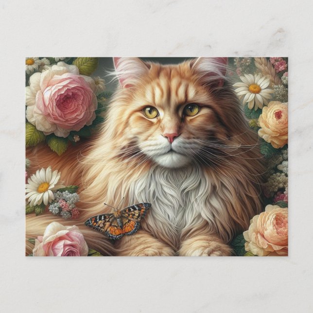 Cartão Postal Gato de Maine Coon Vitoriano com Rosas Rosa (Frente)