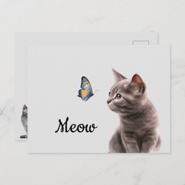 Cartão Postal Gato de Moda de Cinza Maciça (Frente/Verso)