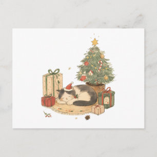 Cartão Postal Gato de Natal Aconchegante com Presentes e Árvore