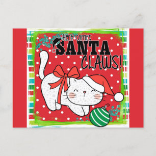 Cartão Postal Gato de Natal Aqui Vem Papais noeis Garras Bonitas