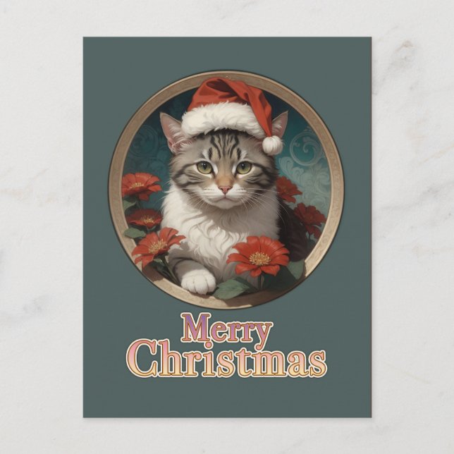Cartão Postal gato de natal bonito (Frente)