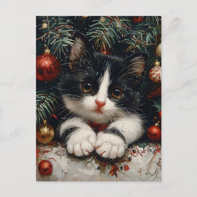 Cartão Postal Gato de Natal bonito de Tuxedo Kitten (Frente)