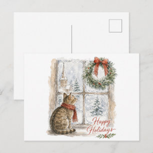 Cartão Postal Gato de Natal na Janela com Coroa