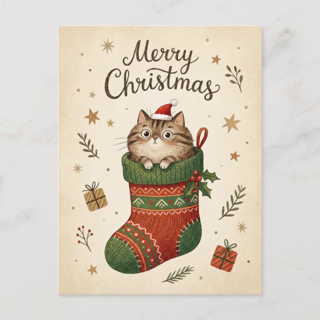 Cartão Postal Gato de Natal na Meia (Frente)