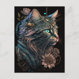 Cartão Postal Gato de olho azul fantasma com flores Arte AI