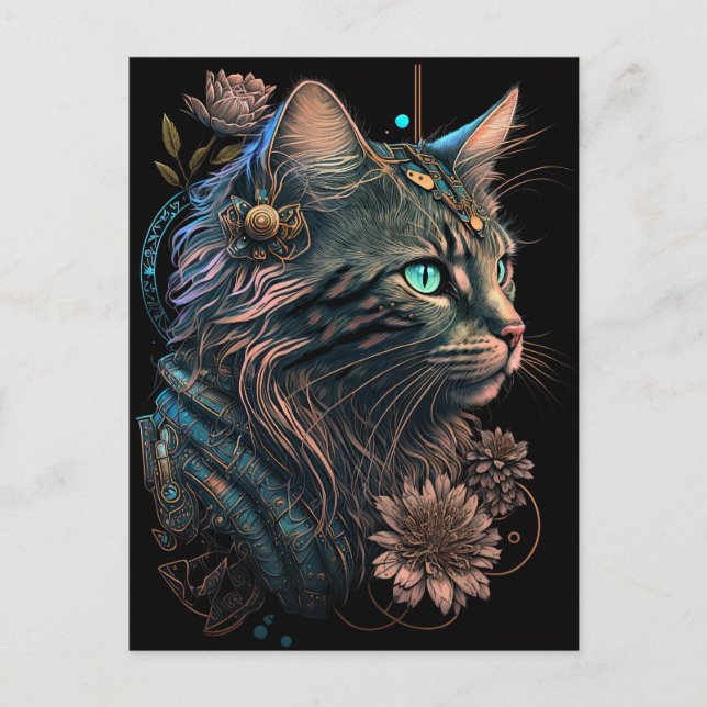 Cartão Postal Gato de olho azul fantasma com flores Arte AI (Frente)