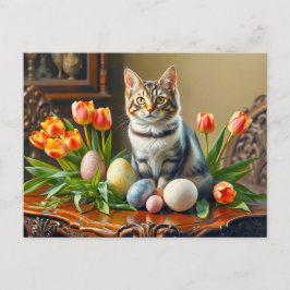 Cartão Postal Gato de páscoa com ovos e tulipas