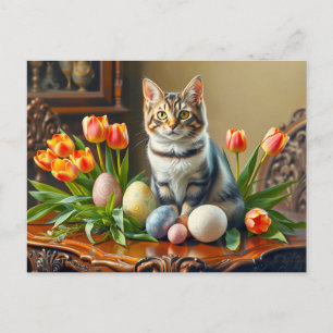 Cartão Postal Gato de páscoa com ovos e tulipas