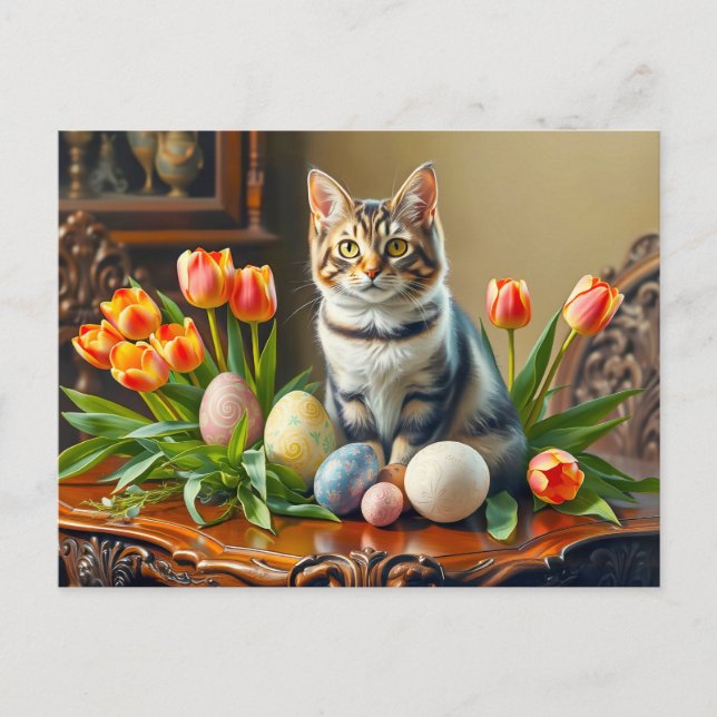 Cartão Postal Gato de páscoa com ovos e tulipas (Frente)