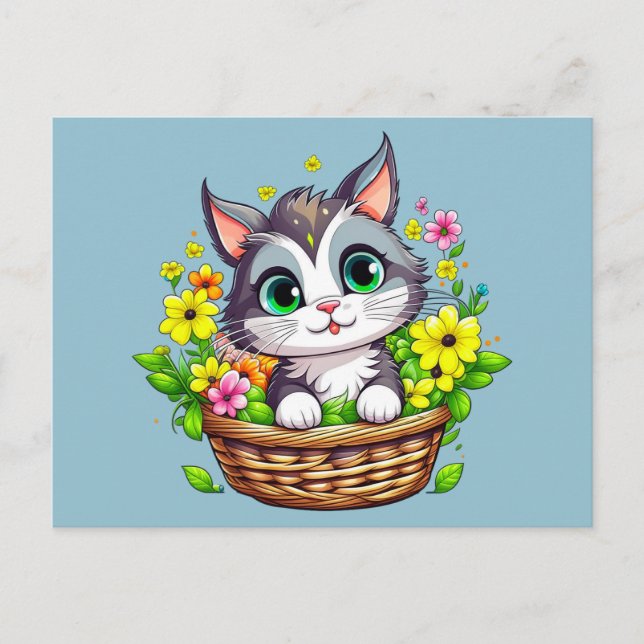 Cartão Postal Gato de Páscoa primavera em Flores (Frente)