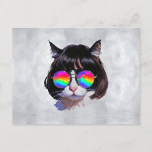 Cartão Postal Gato de Peruca + Óculos de Sol (Pintura #1)