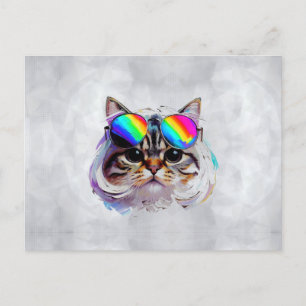 Cartão Postal Gato de Peruca + Óculos de Sol (Pintura #3)