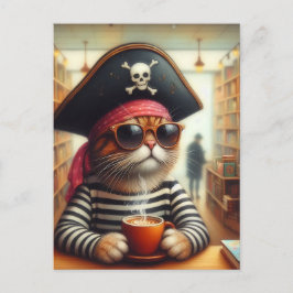 Cartão Postal Gato De Pirata De Arte AI Engraçado Com Café Em Li