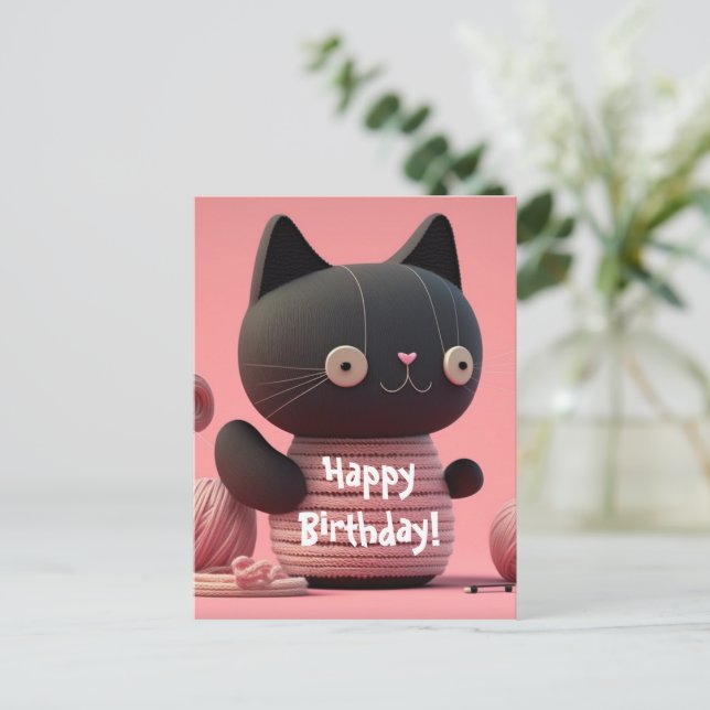 Cartão Postal Gato de "Purfect Birthday" rosa (Em pé/Frente)