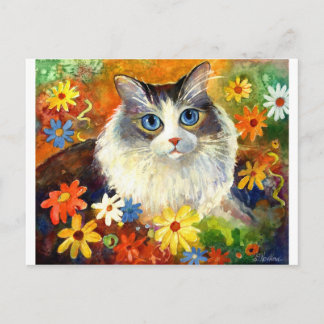 Cartão Postal Gato de Ragdolas Bonito com flores