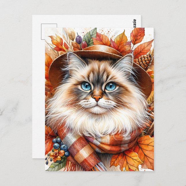 Cartão Postal Gato De Ragdolas No Outono Scarf Com Folhas De Que (Frente/Verso)