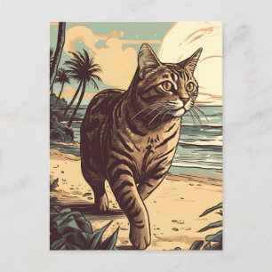 Cartão Postal Gato de Shorthair americano em uma praia tropical