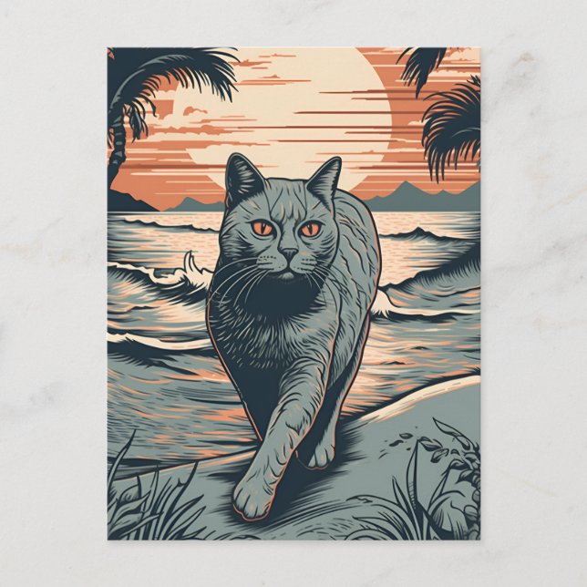 Cartão Postal Gato de Shorthair britânico numa praia tropical (Frente)