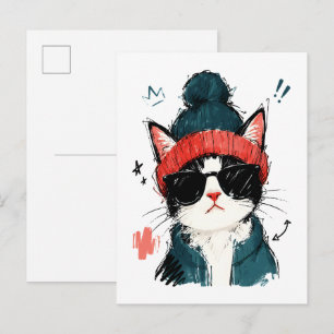 Cartão Postal Gato de Smoking Legal com Boné e Óculos de Sol