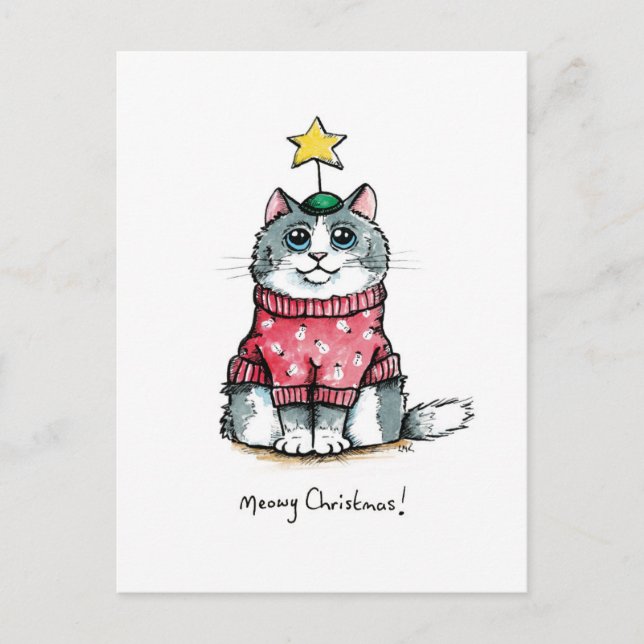 Cartão Postal Gato de Suéter Feio - Feliz Natal (Frente)