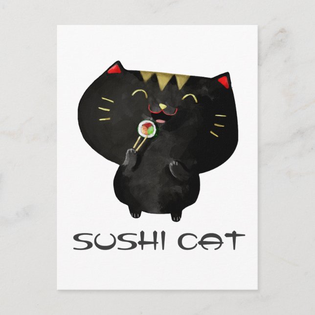 Cartão Postal Gato de Sushi Preto Kawaii Cute (Frente)