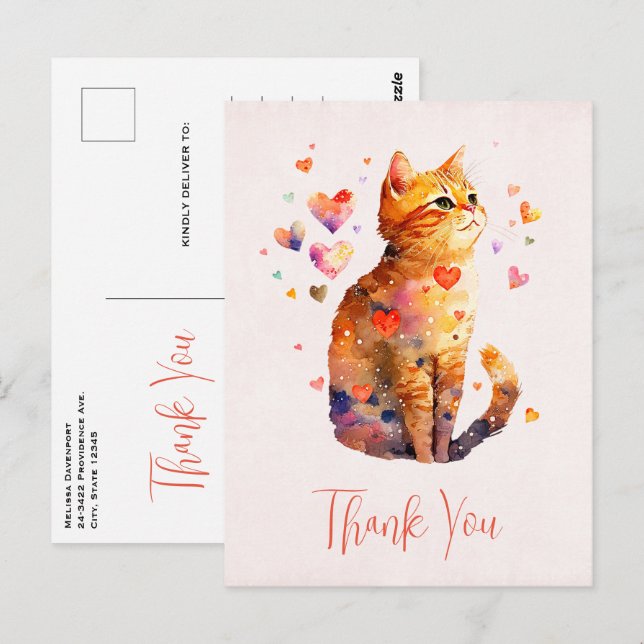 Cartão Postal Gato de Tabby Bonito com Corações Obrigado (Frente/Verso)