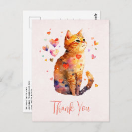 Cartão Postal Gato de Tabby Bonito com Corações Obrigado