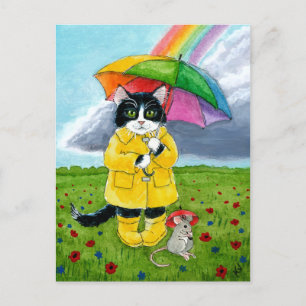 Cartão Postal Gato de tuxedo bonito, ratinho, com guarda-chuva a