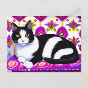Cartão Postal Gato de Tuxedo preto e branco em uma almofada