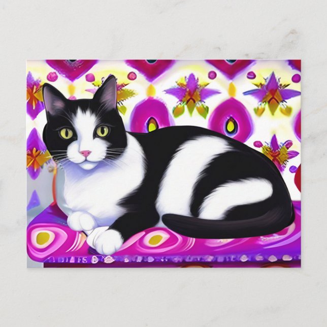 Cartão Postal Gato de Tuxedo preto e branco em uma almofada (Frente)
